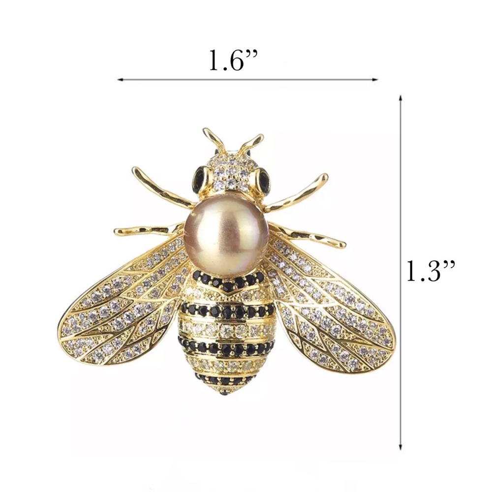 Golden Crystal Bumblebee Pearl Brooch Lapel Pin - Picture 16 of 16